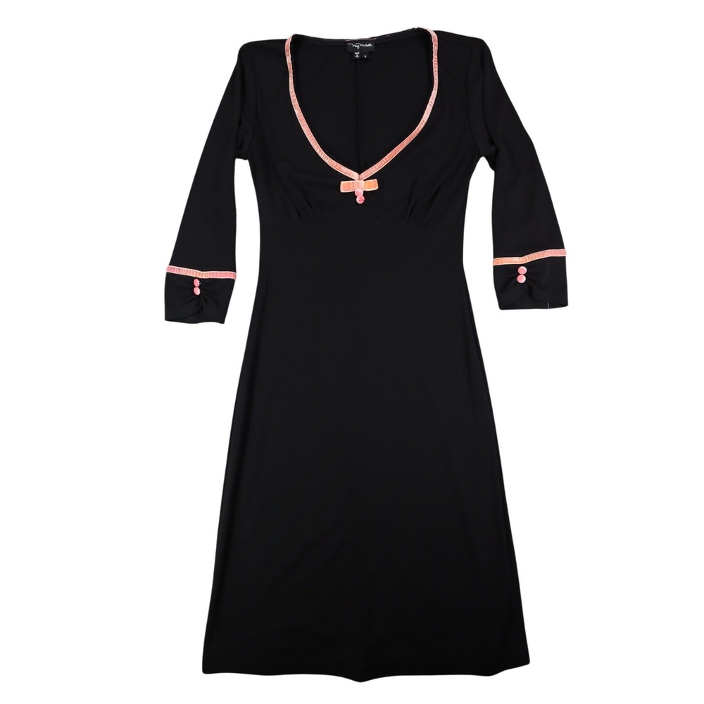 My Michelle Dress Womens Small Y2K Black Pink Bow V-Neck 3/4 Sleeve A-Line USA